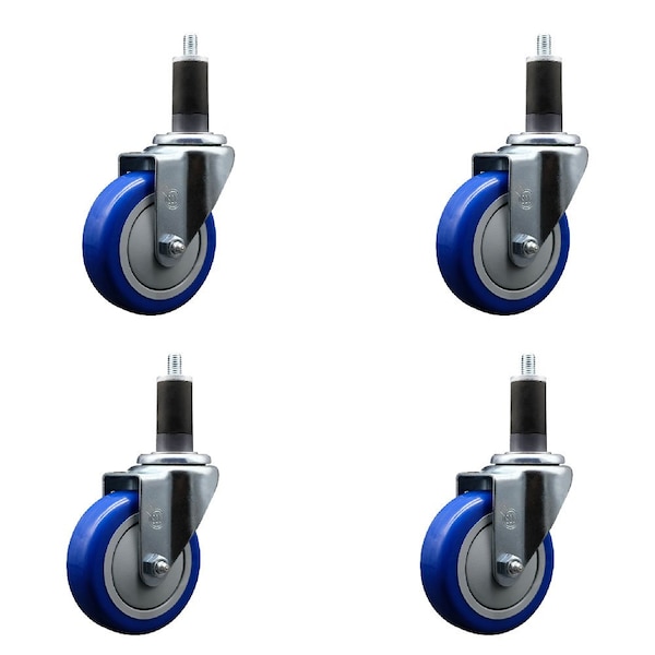 4'' Blue Poly Wheel Swivel 1-1/4'' Expanding Stem Caster Set, 4PK